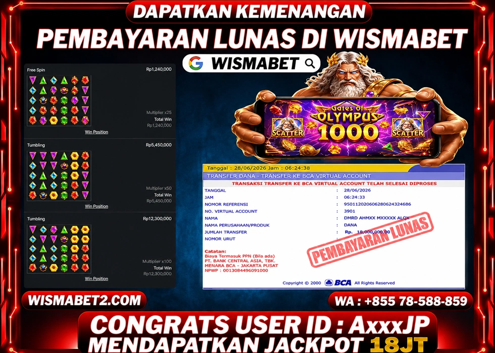 WISMABET - BUKTI KEMENANGAN JACKPOT Gates of Olympus 1000 Rp18,000,000,- LUNAS